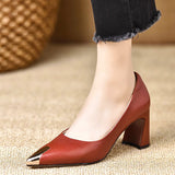 French Metal Sharp-Pointed Temperament Coarse Heel Single Shoe Women 2025 Autumn New One-Legged Comfortable Leather Shoes HZ0115