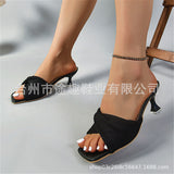 Beautiful Fairy Wind Wrinkled Slippers Women 2025 New Summer Word With Fine Square Head Cold Slippers Large Code HZ0115