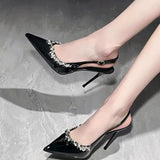 2025 Spring New Fairy French Temperament Single Shoes Black Patent Leather Sandals Women High Heels Fine Tip Drill HZ0115