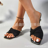 Beautiful Fairy Wind Wrinkled Slippers Women 2025 New Summer Word With Fine Square Head Cold Slippers Large Code HZ0115