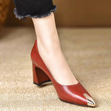 French Metal Sharp-Pointed Temperament Coarse Heel Single Shoe Women 2025 Autumn New One-Legged Comfortable Leather Shoes HZ0115