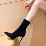 Temperament Velvet Autumn And Winter Elastic High And Short Boots Women Thin Skin Boots French Elegant Fine And Light Luxury New Tip HZ0115