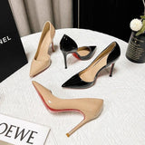 2025 Summer New Naked Red Shoes Tip High Heels Women's Fine Heel Light Temperament Patent Leather Side Empty Single Shoes HZ0115