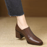 French Retro Square Head Deep Mouth Single Shoe Thick-Soled Waterproof Sleek Leather Shoes Casual Elegant Temperament High Heels HZ0115