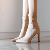 Female Skinny Boots Female Elasticity Thin Hips With High-Heeling Velvet Short Boots Autumn And Winter Elastic Single Boots Plus Velvet Tips HZ0115