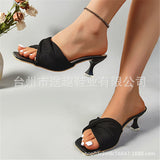 Beautiful Fairy Wind Wrinkled Slippers Women 2025 New Summer Word With Fine Square Head Cold Slippers Large Code HZ0115