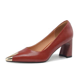 French Metal Sharp-Pointed Temperament Coarse Heel Single Shoe Women 2025 Autumn New One-Legged Comfortable Leather Shoes HZ0115