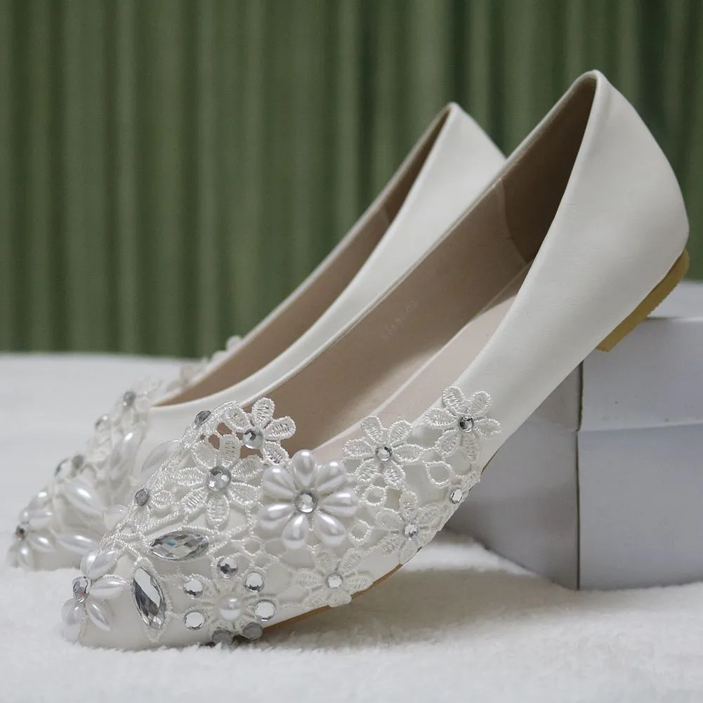 Large-Size Flat-Bottomed Tip Diamond Lace Wedding Shoes Bridal Shoes Dancing Bridesmaid Shoes Comfortable Flat Heel Single Shoes HZ0115
