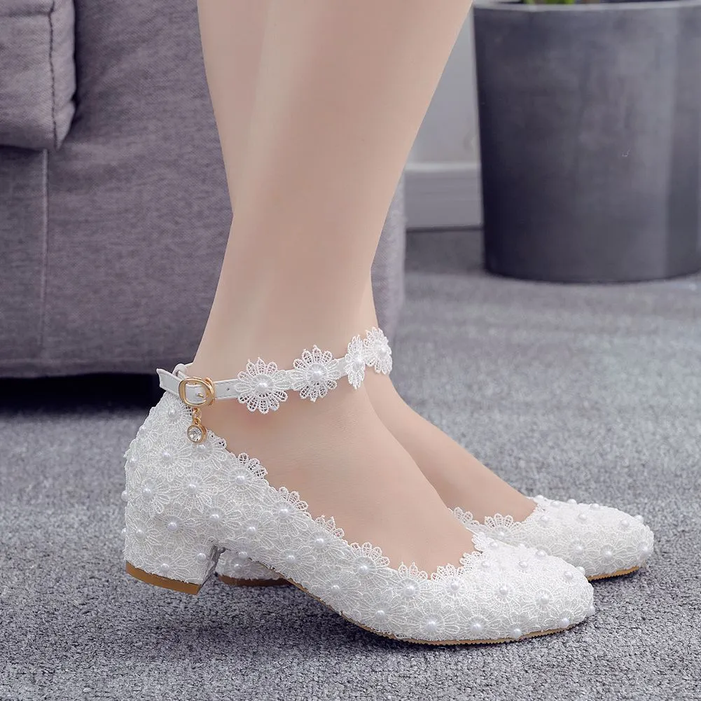 Large-Size 3 Cm Square-Headed Single-Shoe One-Word Wristband Spring And Autumn White Lace Wedding Shoes Bridesmaids Show HZ0115