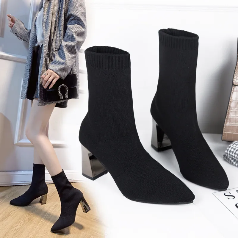 One-???? Women's Black Warm Boots Comfortable Fashion Pointed High Heels Women's Casual Coarse Heel Single Shoes HZ0115