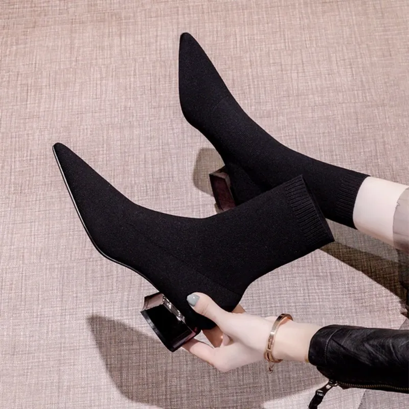 Skinny Boots Women High Tips And Short Boots Spring And Autumn Boots 2025 Autumn And Winter Knitting Socks Boots Coarse And Socks Boots HZ0115