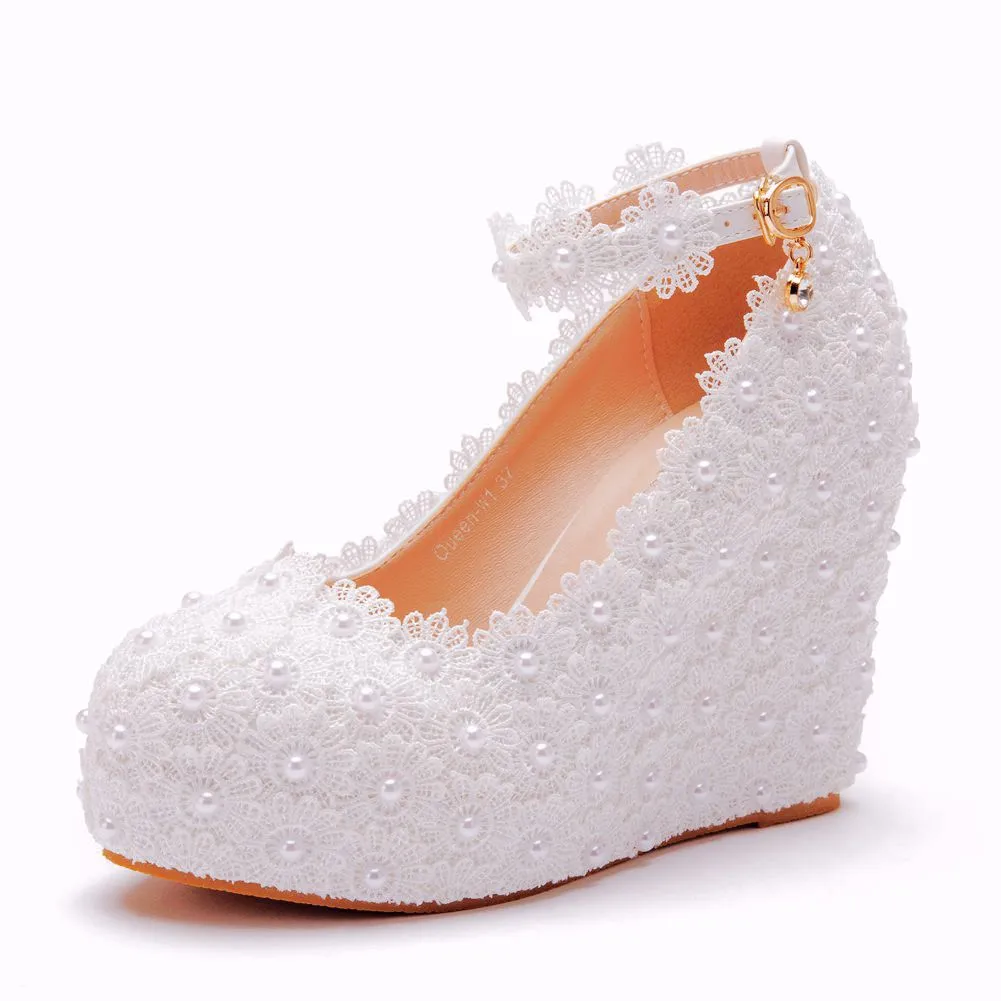 White Lace Wedding Shoes Slope Heel Single Shoes Buckle With Slope Heel Shoes Waterproof Table Large Size Shoes HZ0115