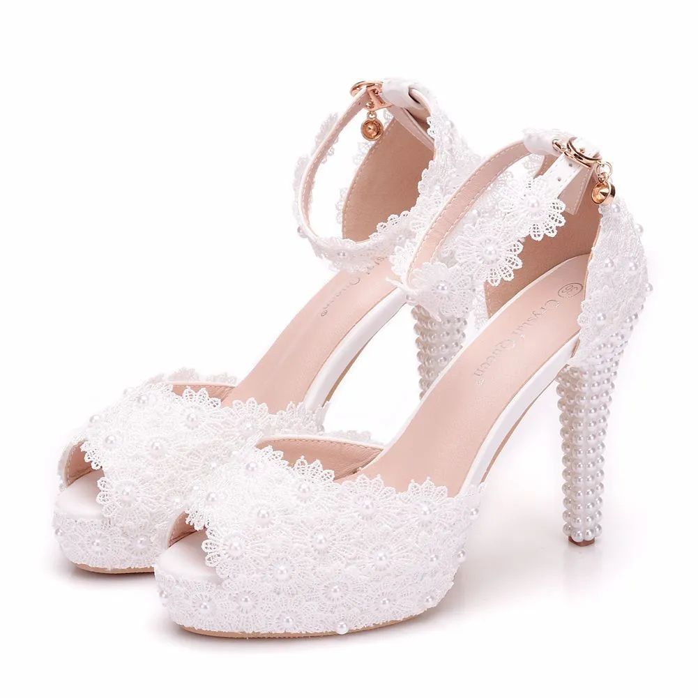 11 Cm Fish Mouth Waterproof Table Sandals Fine Heel Fish Mouth Sandals White Lace Wedding Shoes Large Size Shoes HZ0115