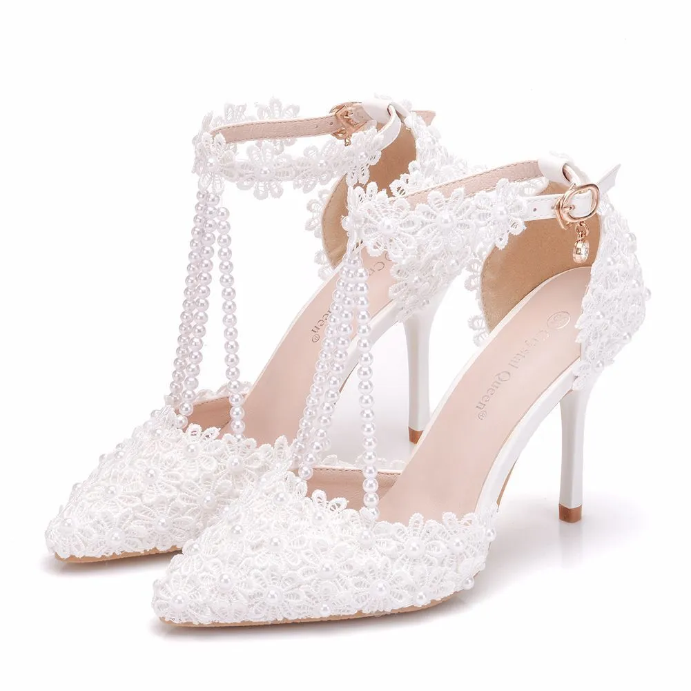 Large-Size White Lace Wedding Shoes One-Word Wristband Bridal Shoes Fine Heel Tip Wedding Shoes Women's Sandals HZ0115