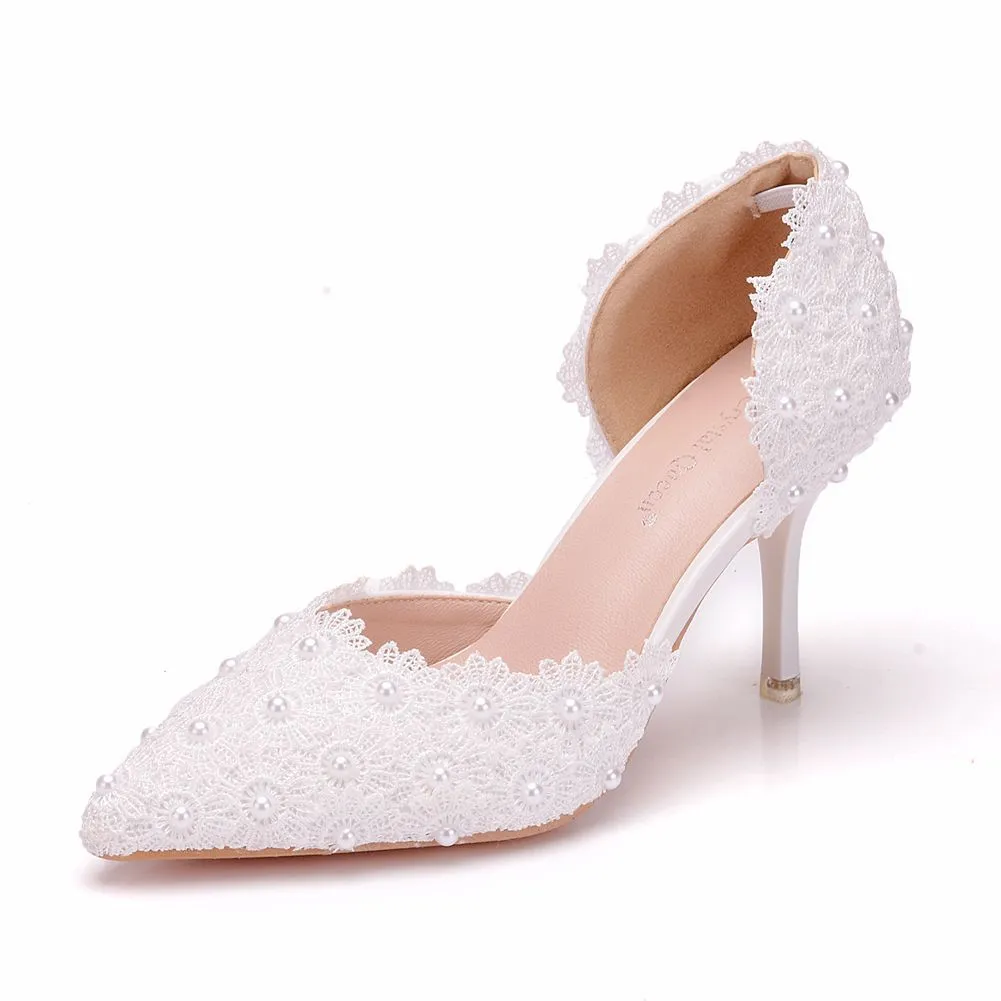 7.5 Cm White Lace Wedding Shoes Fine Heel Pointed Sandals Hollow Two-Siped Sandals Large Size Lace HZ0115