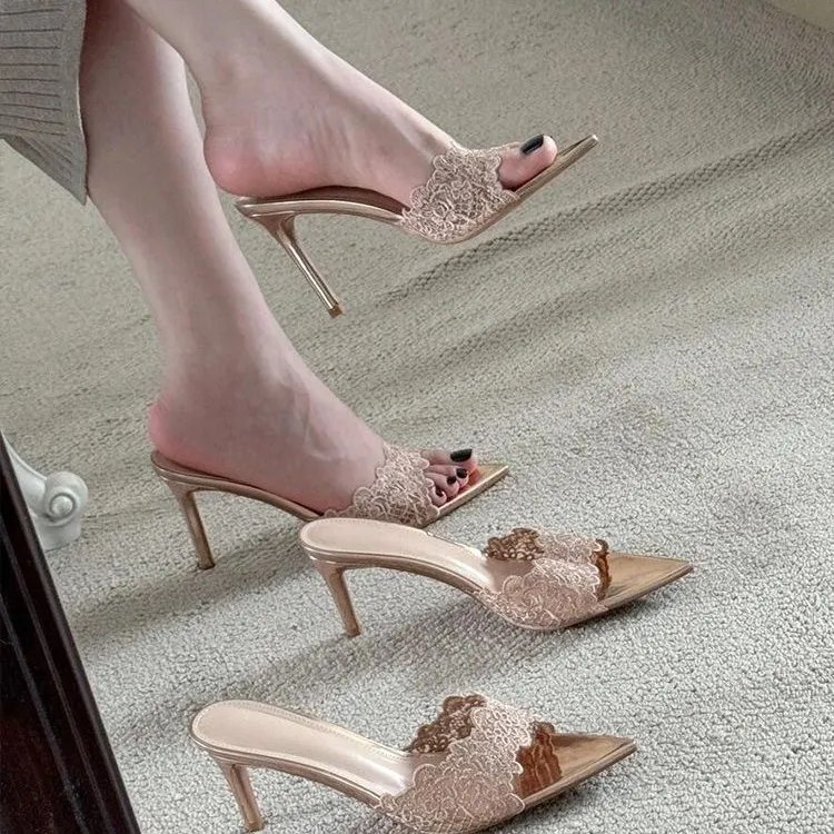 Increase The Thin High Heel Shoes Women Net Red Burst Thin Embroidery Single Shoes Champagne Embroidery High Heel Cold Slippers HZ0115