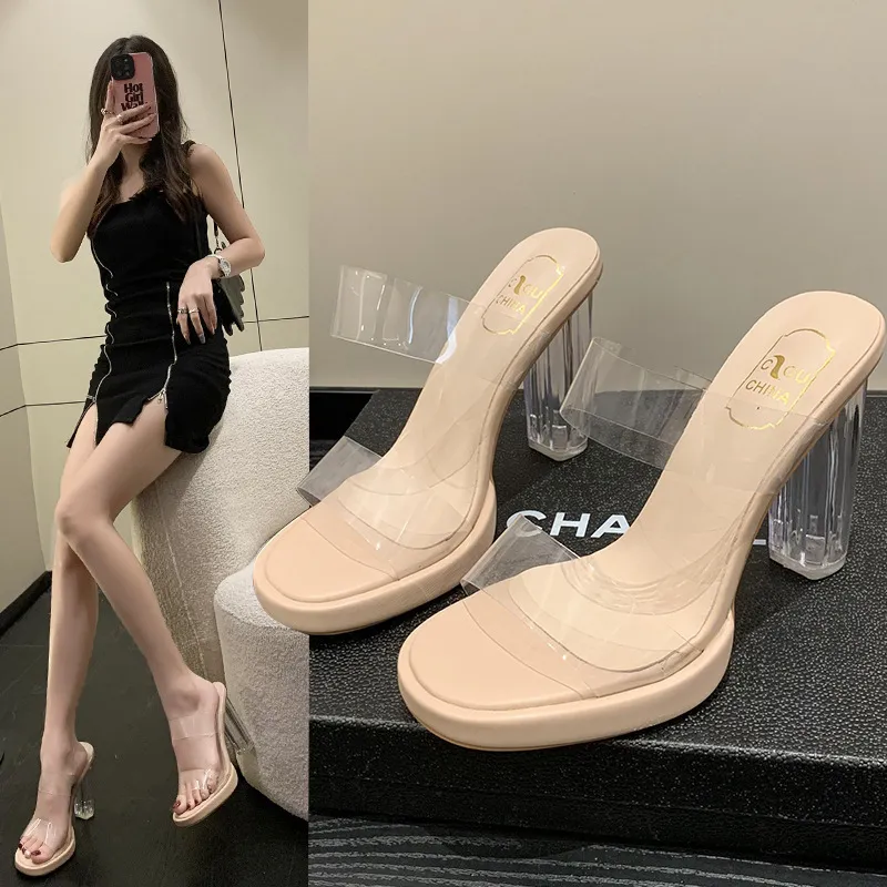 Net Wear Women's Summer Cool Crystal Pu Code High Heels Slippers New Big Red 2025 Water Drill Transparent HZ0115