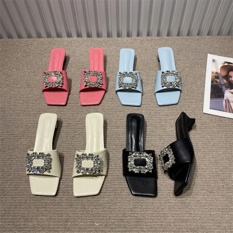 Water Drill Side Buckle Cool Slippers Women's Summer Wear Women's Shoes To Height High-Level Feeling Square Toe Coarse And Fashion And Slippers HZ0115
