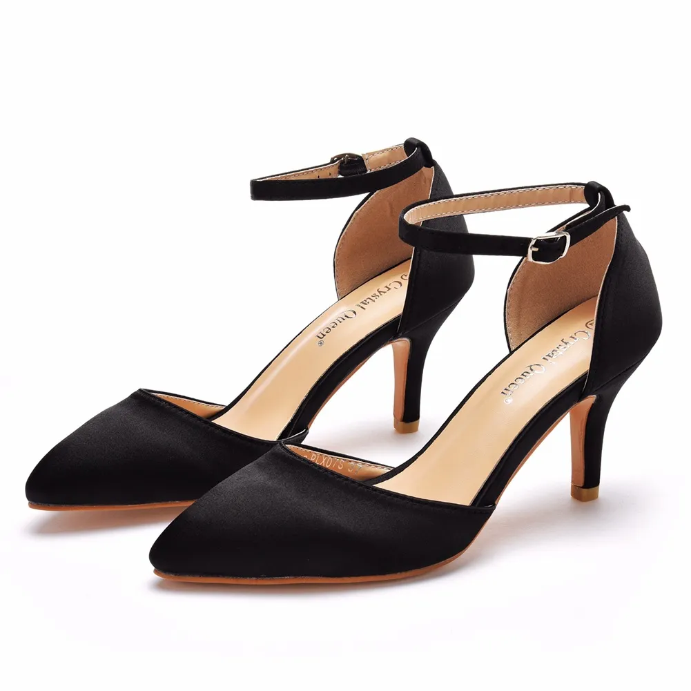 7 Cm Medium Heel Sandals Fine Heel Tip Buckle Sandals Emulation Silk Wedding Banquet Dress Shoe Tips Sandals Woman HZ0115