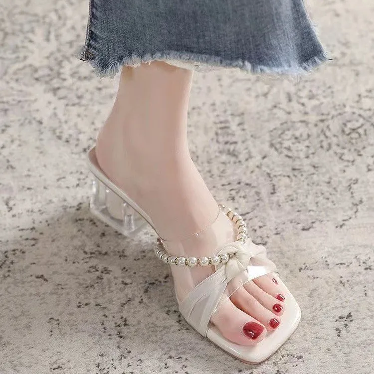 High-Heeled Women 2025 Summer New Season Transparent Sandals With Coarse And Beaded Outside Wearing Square Cool Slippers HZ0115