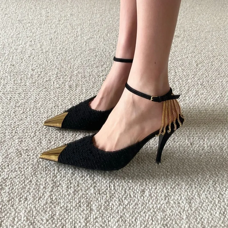 High Heels Black 2025 Spring New Pointed Metal Chain Sandals Women With Sexy Fine Heel Single Shoes HZ0115