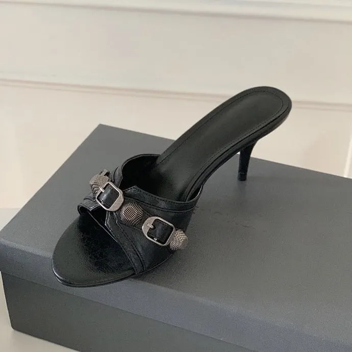 OMG! Good Look! Retro Black Rivet Buckle High Heel Women Casual And One-Word Slippers HZ0115