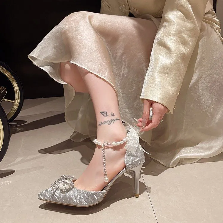 French Temperament Pointed Bow Pearl Word With Silver High Heels Fine Heel Adult Lilies Hollow Lolita Shoes HZ0115