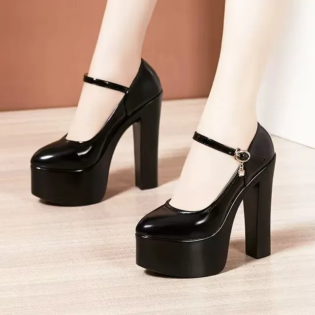 Painted Leather Tip Tip 15CM Catwalk Ultra-High Heel Women's Thick-Sed Waterproof Table Single Shoe With Shallow Model Performance Shoes HZ0115