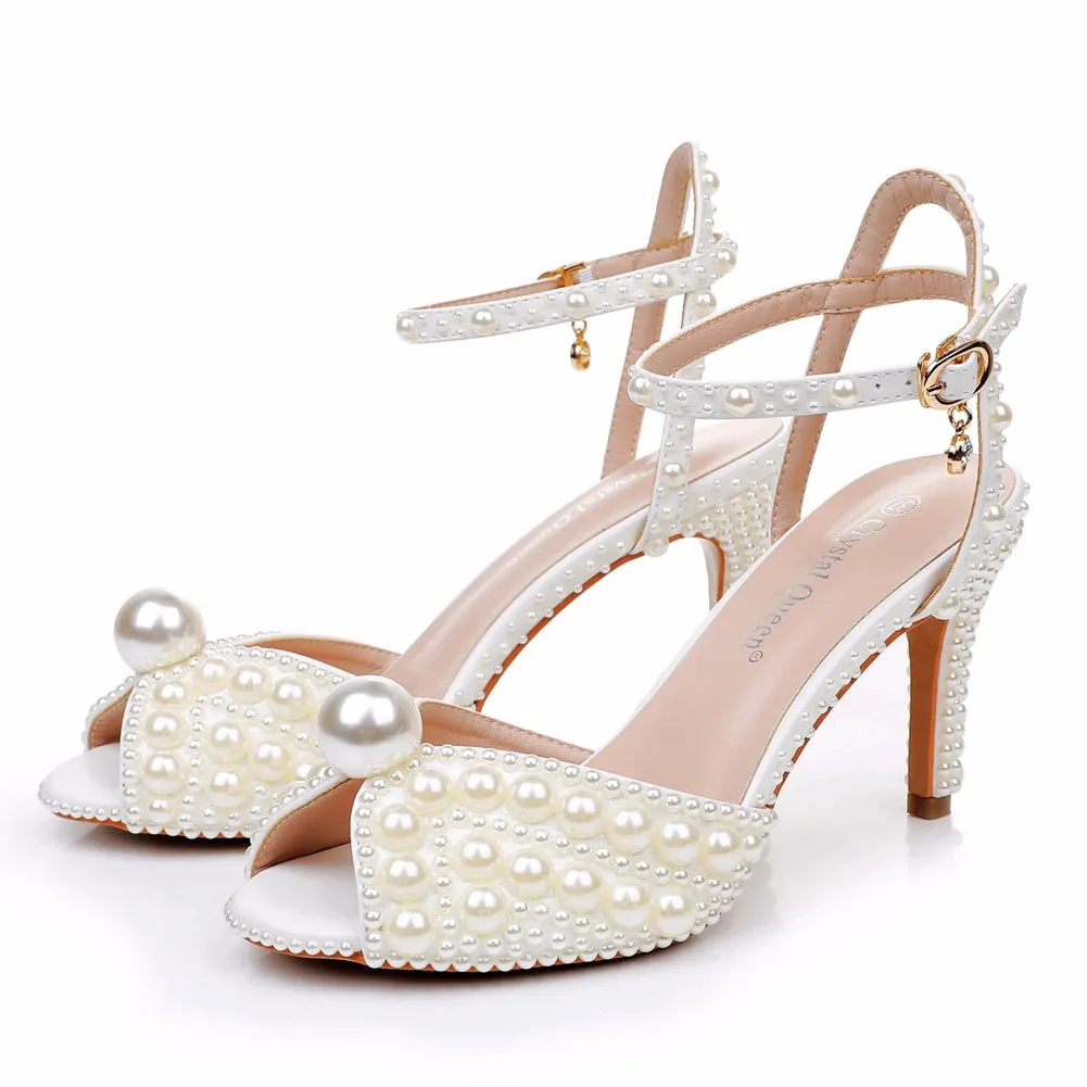 8 Cm Ultra-Fine High-Heeled Fish Mouth Sandals Hollow Light Mouth Buckle With Large-Size Round-Head High-Heeled Shoes Pearl Wedding Shoes HZ0115