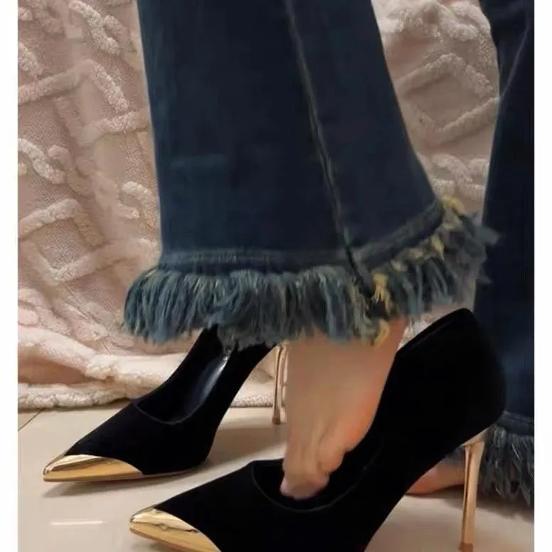 Black Velvet Metal High Heels Women's Fine Heel 2025 New Banquet High-End Feeling Sister Shallow Tip Single Shoes HZ0115