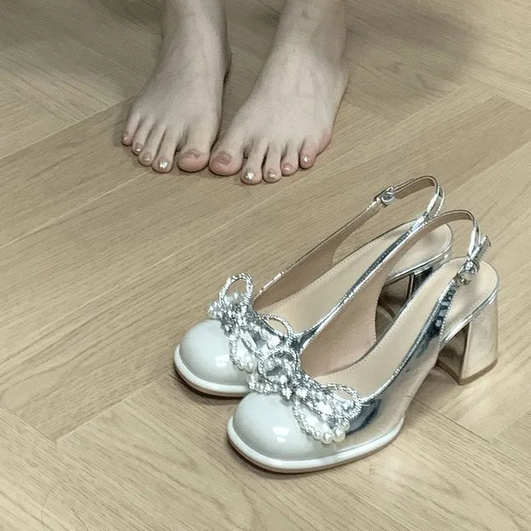 Temperament Sandals Women's Color Water Drill Bow Fairy Wind High Heels 2025 Summer Coarse Heel Mary Treasure Shoes HZ0115