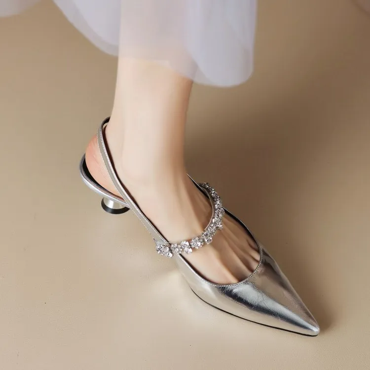 2025 Spring And Summer New French Diamond Soft Leather Silver Tip Behind The Back Of Mary Jane Single Shoes Small Heel Sandals Woman HZ0115