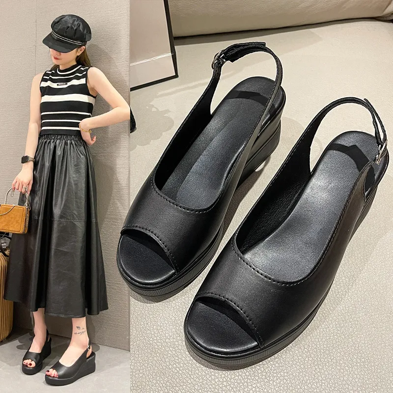 New Slope Heel Sandals Women's Fashion Korean Version After The Buckle Heightening Thin Heel Fish Mouth Women's Sandals HZ0115