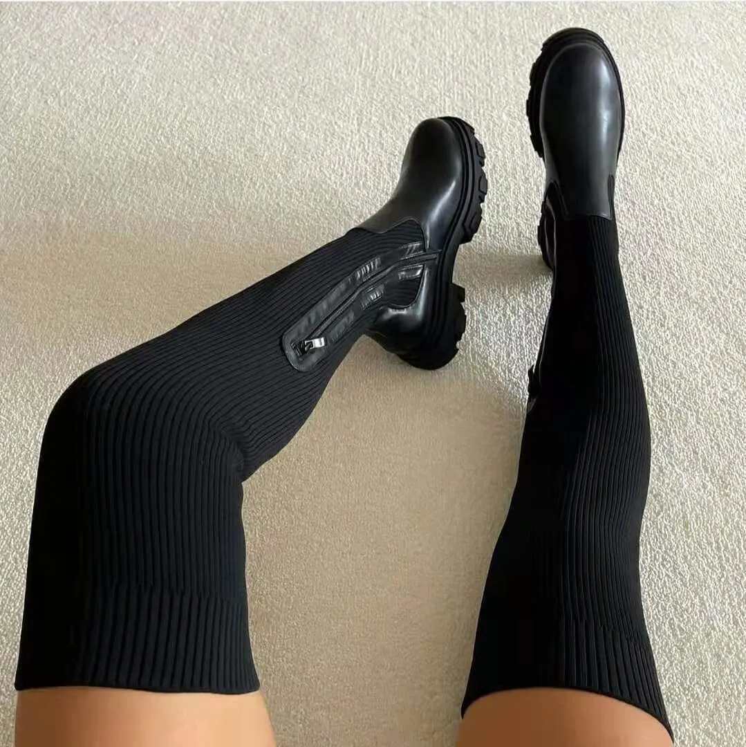 Autumn And Winter Thick Bottom Round Head Knitted With Knee Female Boots 2025 Large Elastic Woven Wool Long Boots Increased Thin HZ0115
