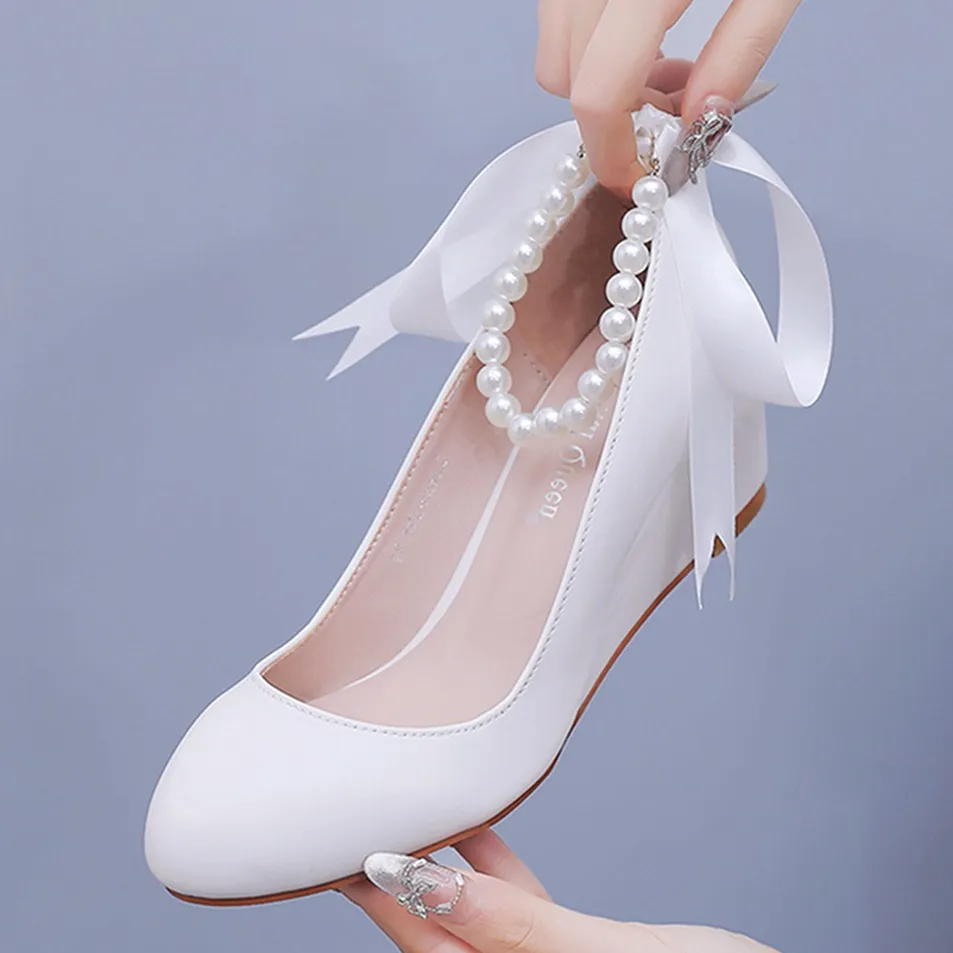 5 Cm White Beads Thick Bottom Heels Mary Jane's Shallow Mouth Single Shoe Ribbon Thin Wedding Dress High Heels HZ0115