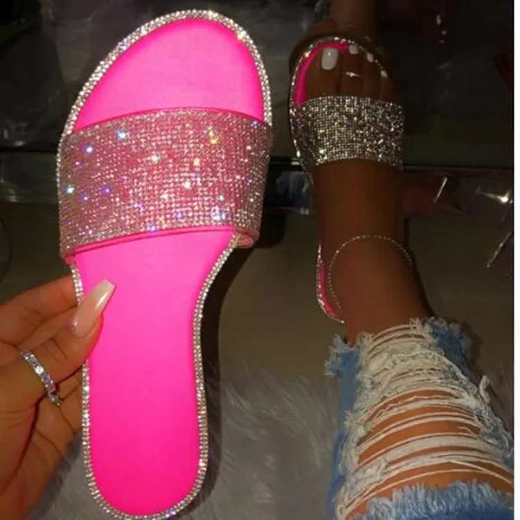 2025 Summer Women's Flat Bottom Slippers Large Code New Bright Drill Flat Bottom Slippers Women Cold Slippers HZ0115