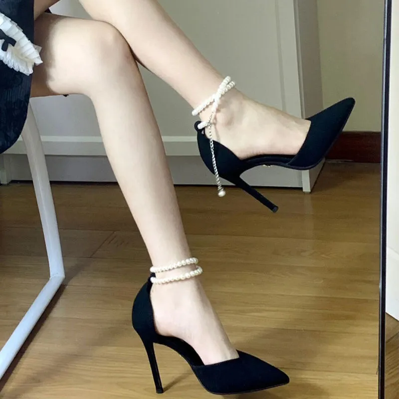 One Word With Sandals Female Fairy Breeze 2025 Spring And Autumn New Pearl Tip Fine Heel High Heels French Temperament Single Shoes HZ0115