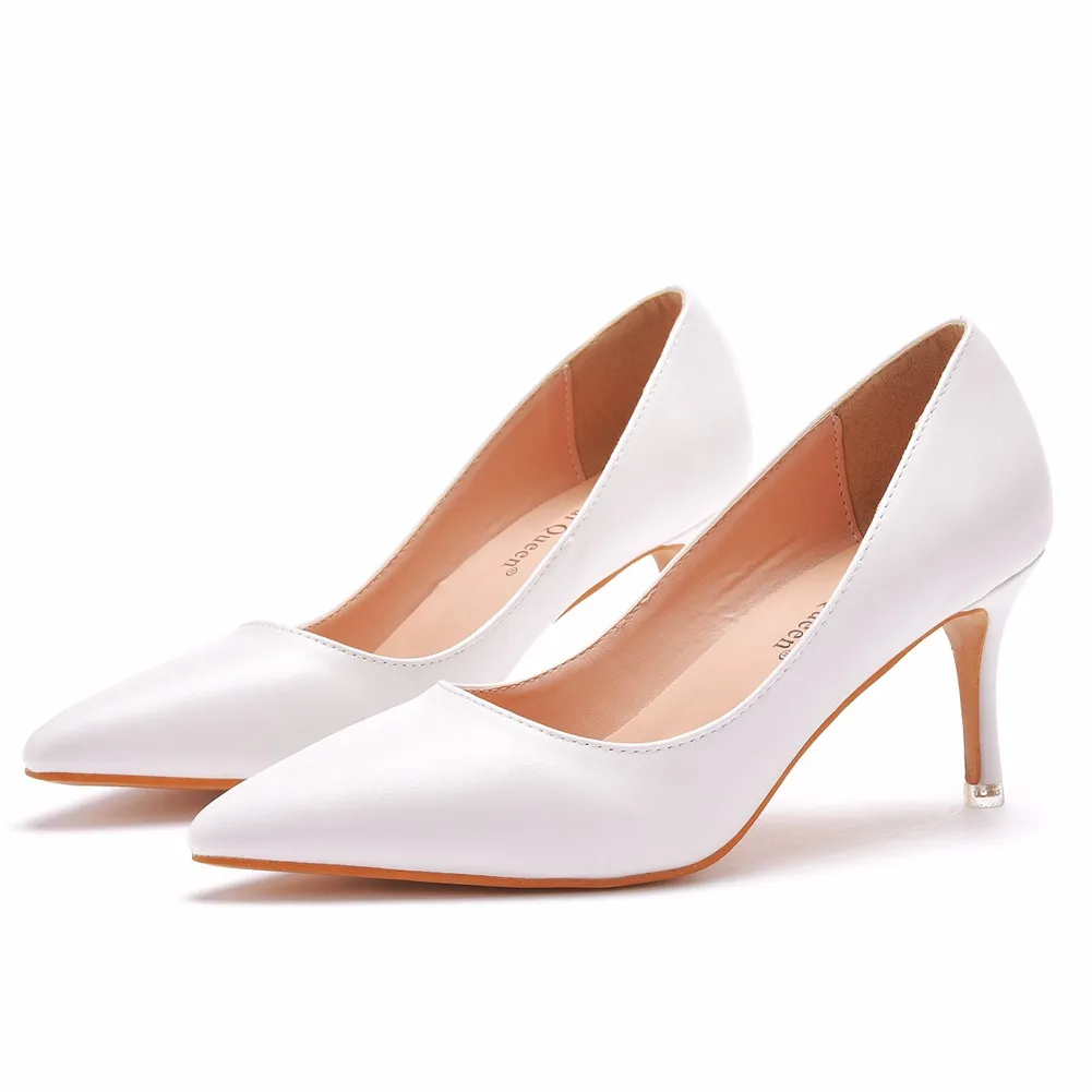 7 Cm Pointed Single Shoes Small Thin Heel Single Shoes Tip Shoes Large Size Women's Shoes Large Size Single Shoes Women White HZ0115