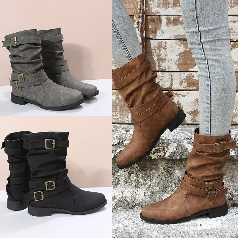 2025 Autumn And Winter Martin Boots Belt Buckle Large Size Cylinder Cylindrical Women's Leather Boots HZ0115
