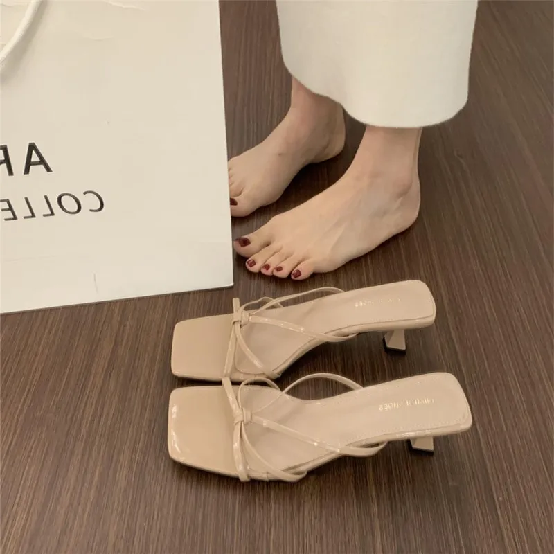 High-Heeled Women 2025 Summer New French Head Cross-Belt Bare Toe Fine And External Wearing Slippers Women HZ0115