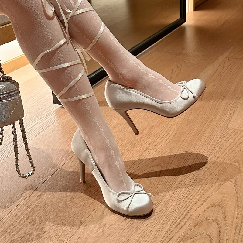 French Ballet Style High Heel Women 2025 New Silk And Satin Face Bow Round Head Temperament Single Shoe HZ0115