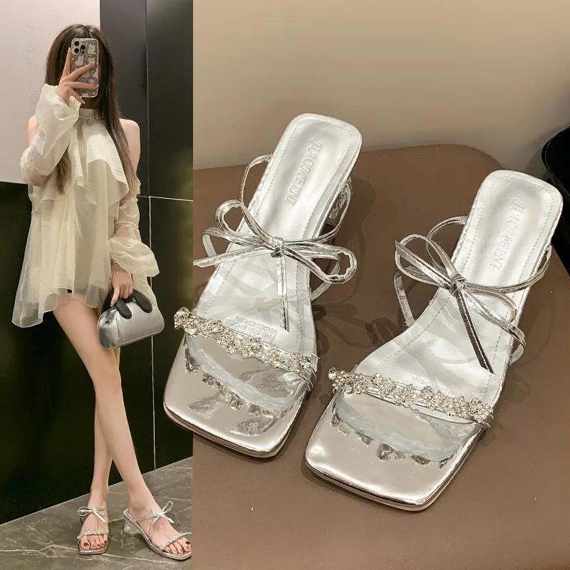 High Heels 2025 Summer New French Heavy Industry Bow Water Drill With Sandals Square Head Thick And Slippers HZ0115