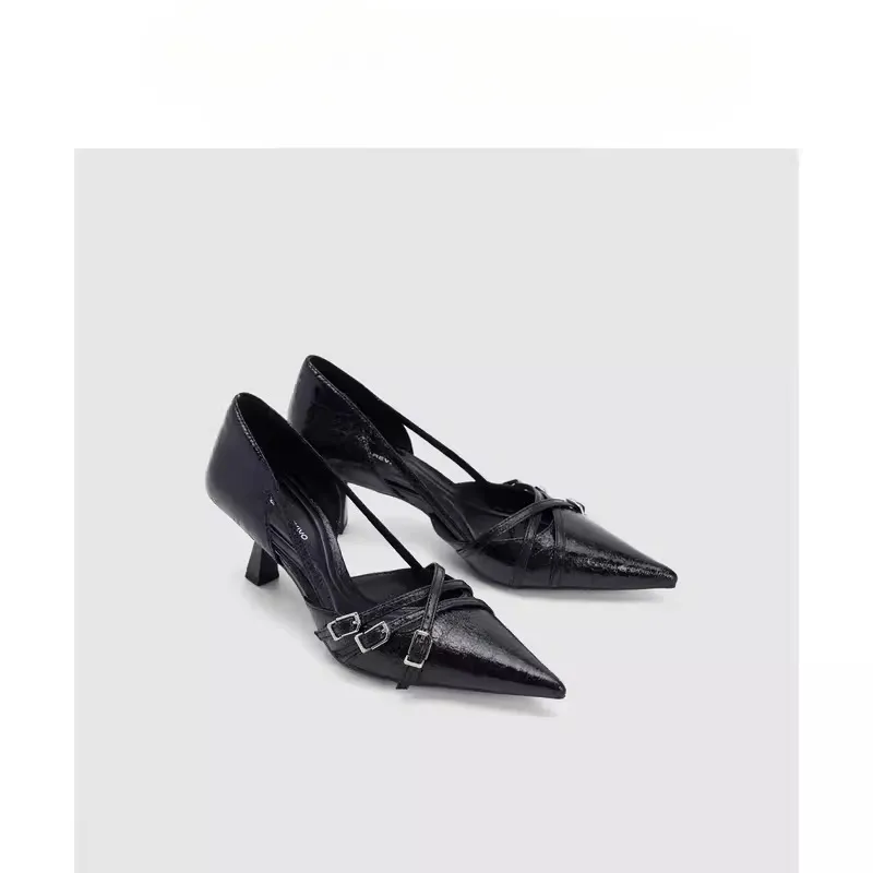 High-Heeled Women's 2025 Spring New Multi-Buckle Women's Shoes Fashionable Temperament Pointed Kitten Heel Single Shoes HZ0115