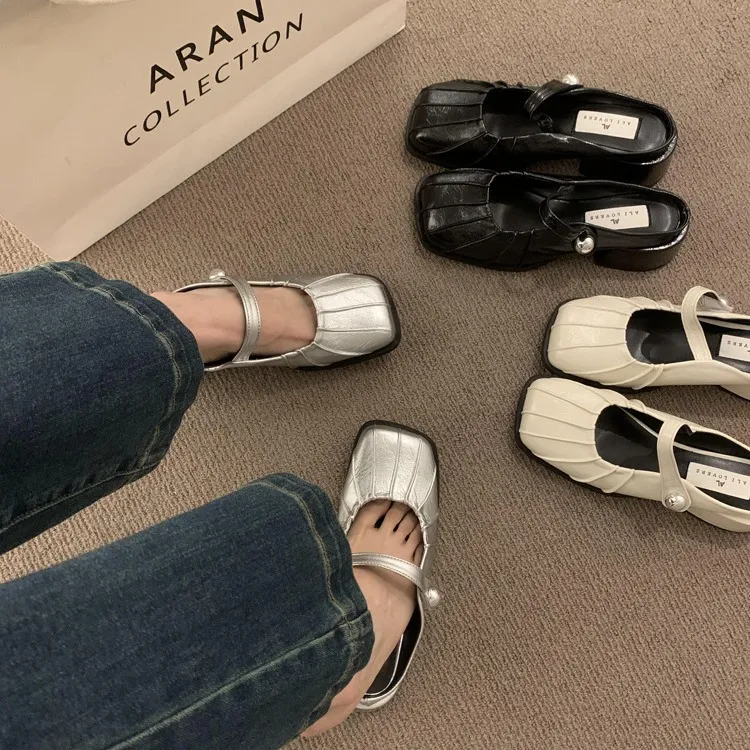 French Design Sense Silver Bag Head Half Slippers Women Wearing Lazy One-Legged Coarse Heel Muller Shoes Behind The Empty Single Shoes Women HZ0115