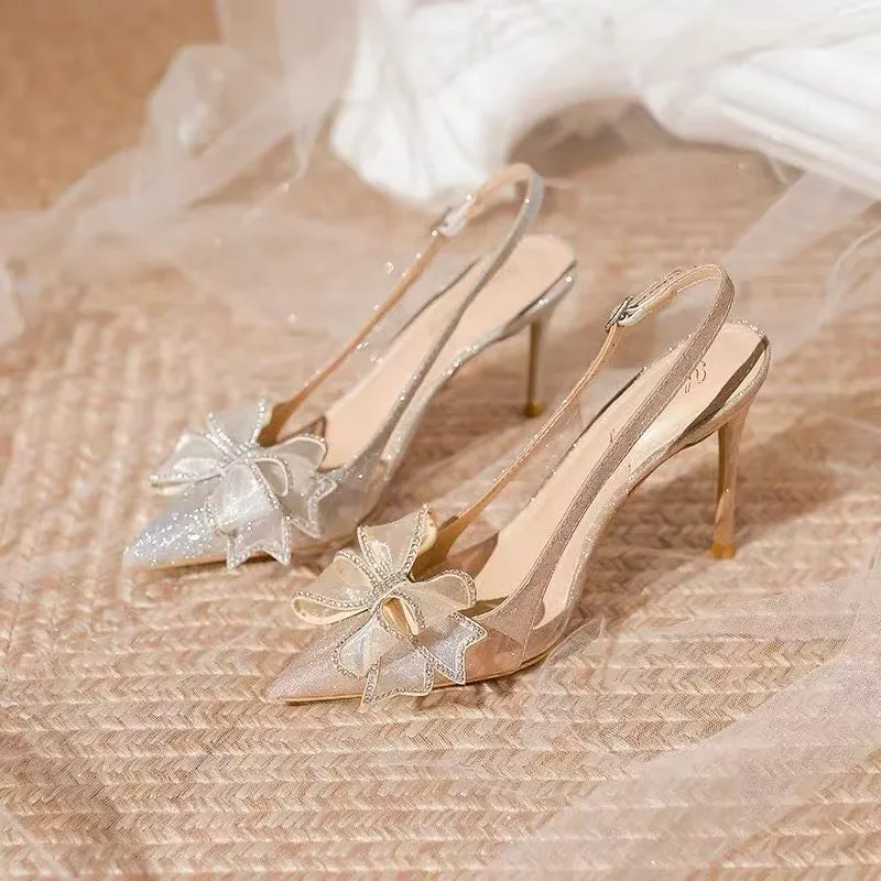 Spring And Autumn 2025 High Heels Tips To Increase Single Shoes Transparent Bow Water Drill Sandals Female Fairy Wind HZ0115