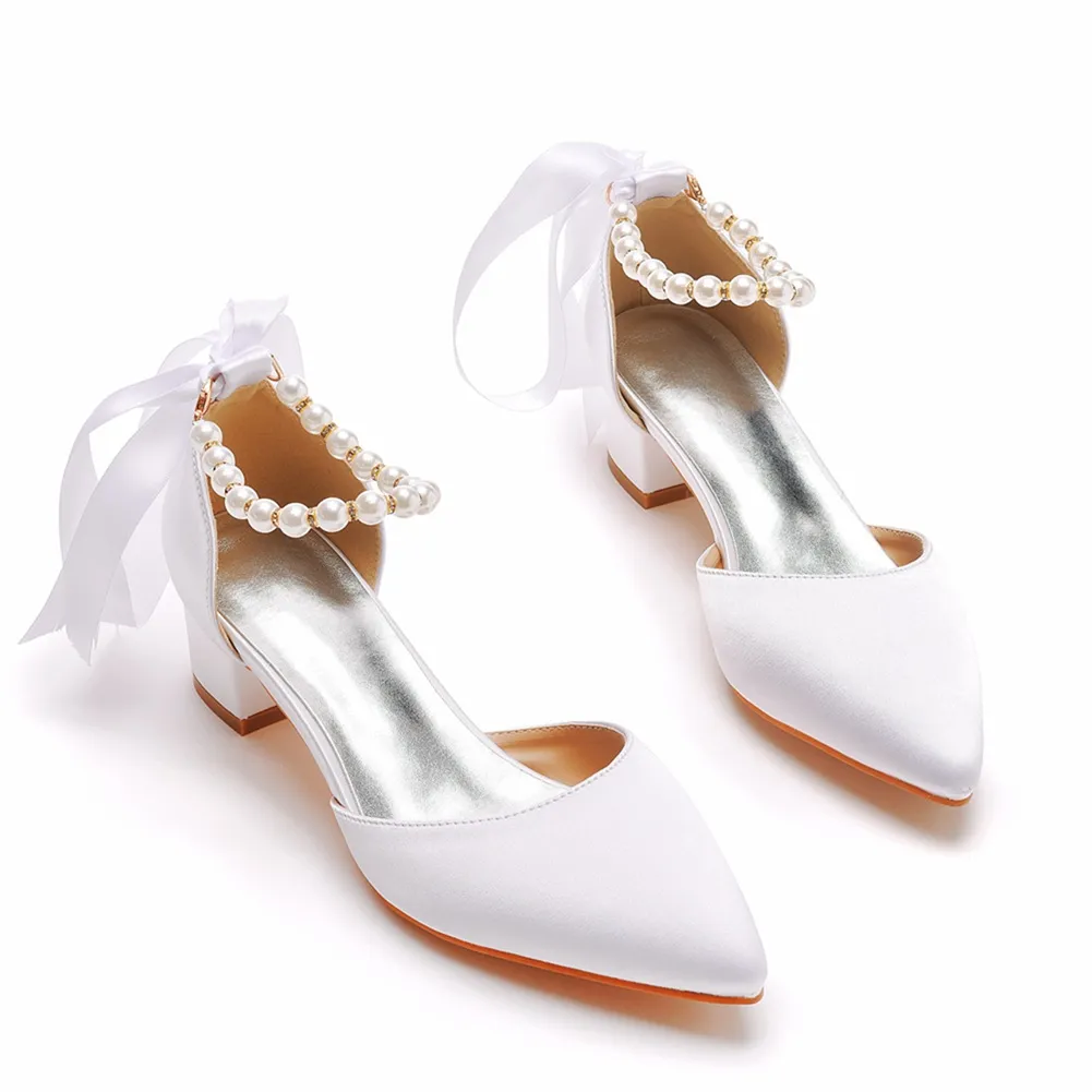 4 Cm Low Heel Tip Hollow Sandals Thick Heeled Women's Shoes White Eddy Wedding Banquet Bridal Shoes HZ0115
