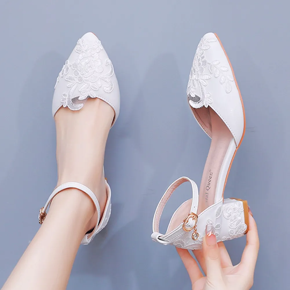 4 Cm Square Thick Heel Tip Hollow Sandals Spring Square With Light White Lace Mesh Bride High Heels Woman HZ0115