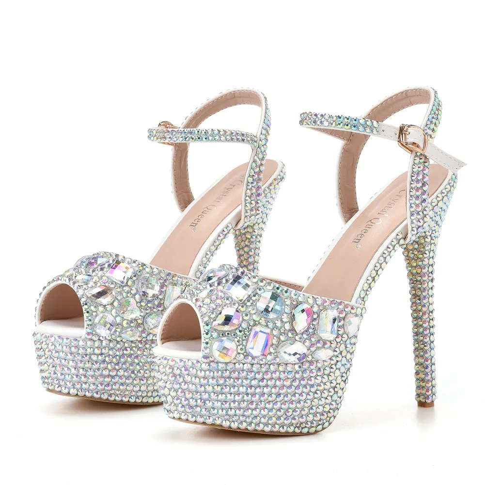 14Cm Fish Mouth High-Heeled Sandals Fine Heel Water Diamond Wedding Shoes Bride Shoes Color Diamond Crystal Sandals Full Of Diamond Shoes HZ0115