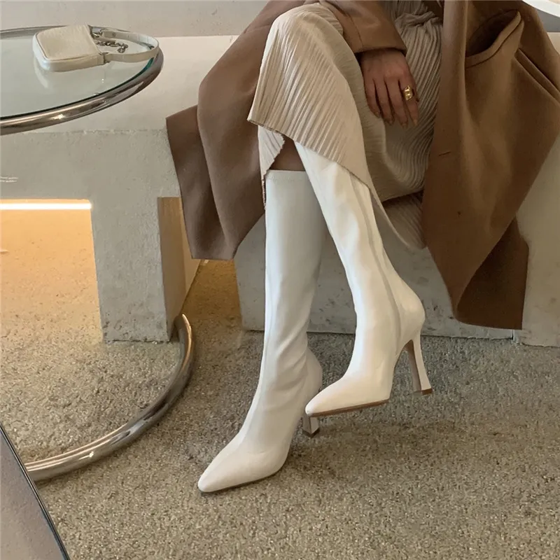 Original Design! Huge Comfortable ~ Brown Sharp Head High But Knee Thin Long Boots Fine And High Cylinder Elastic Boots Woman HZ0115