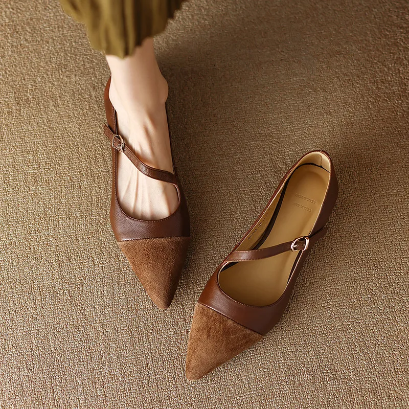 Vintage Brown Pointed Single Shoes Women's Soft Leather 2025 New Flat Heded Light-Mouthed Shoes With French Flat Shoes HZ0115